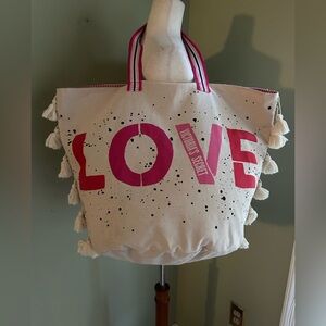 Victoria’s Secret LOVE Weekender Tote Bag. Canvas w/lining. Pom-Pom detail Great